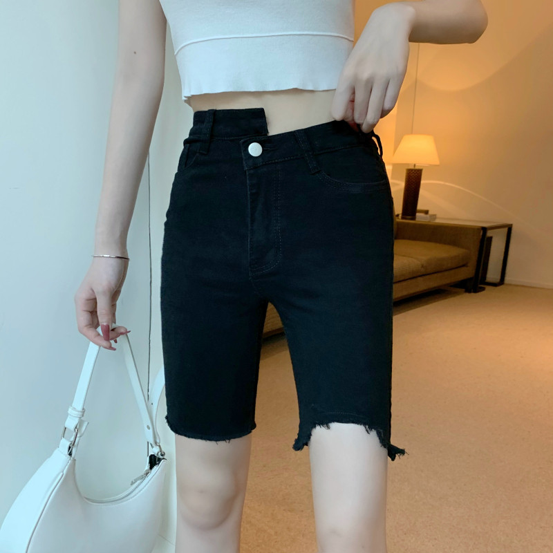 NET RED HONG KONG STYLE HIGH WAIST ELASTIC FOUR TO FIVE POINTS DENIM SHORTS WOMENS RIPPED TIGHTS SLIMMING IRREGULAR RIDING PANTS
