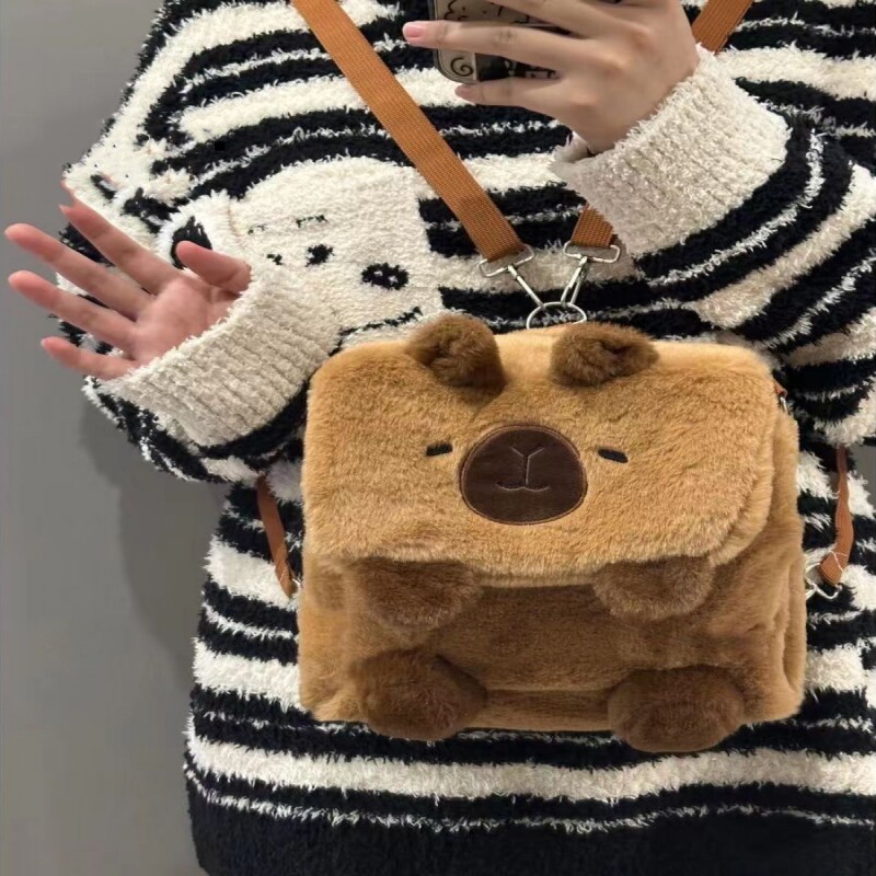 毛绒卡皮巴拉水豚包包可爱毛茸茸背包女2026秋冬新款单肩双肩包包