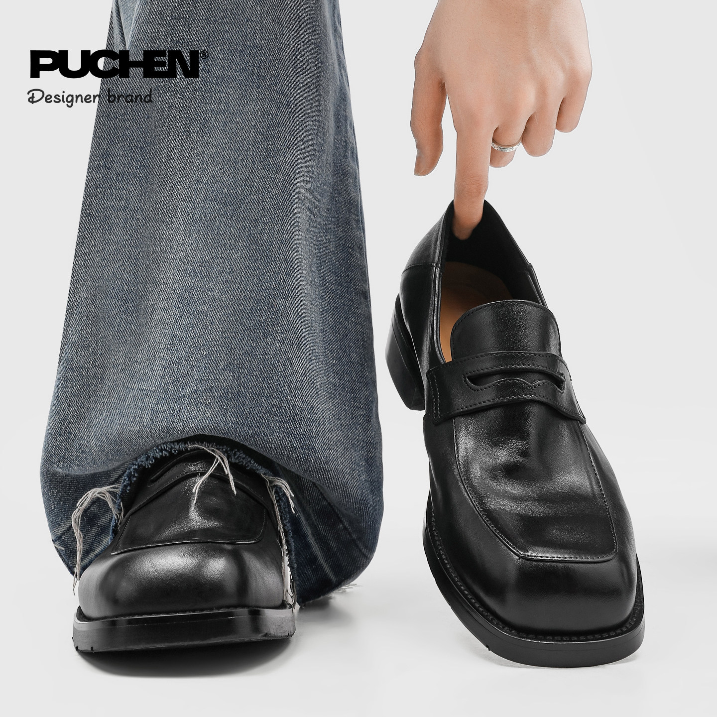Pu"chen"老钱风休闲皮鞋男黑色方头低跟一脚蹬潮鞋通勤简约乐福鞋