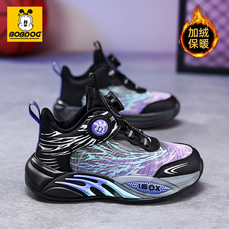 巴布豆男童篮球鞋2025秋冬新款儿童加绒加厚运动鞋防滑小学生棉鞋