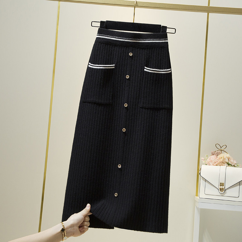 针织半身裙女秋冬中长款拼色小香风单排扣高腰开叉毛线包臀一步裙
