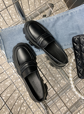 小皮鞋女2023春秋百搭英伦乐福鞋黑色松糕厚底单鞋大码女鞋40一43