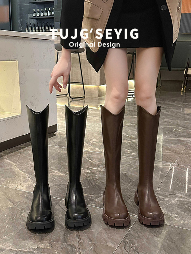 다리 굵은 여성용 브이마우스 부츠 굵은 MM 원형 나이트부츠 브라운부츠 밑창이 두꺼운 하이부츠 플러스사이즈 여성용 부츠