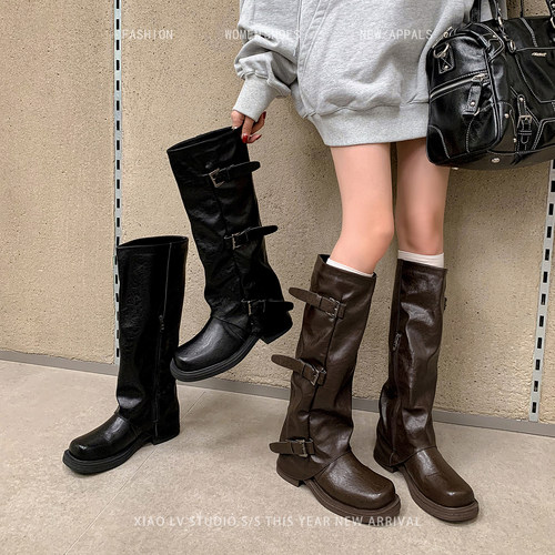 棕色长靴女大码秋冬厚底高筒骑士靴子胖mm长筒靴大筒围粗腿裤管靴