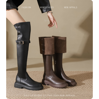 胖mm过膝长靴粗腿长筒靴棕色美拉德大筒围高筒骑士靴子女大码秋冬