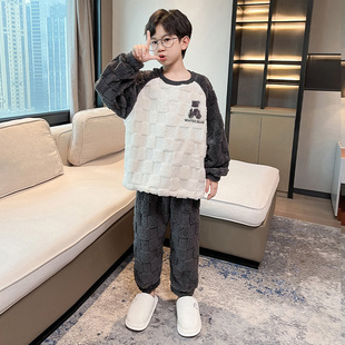 儿童装男童睡衣秋冬款冬季加绒珊瑚绒加厚家居服法兰绒中大童男孩