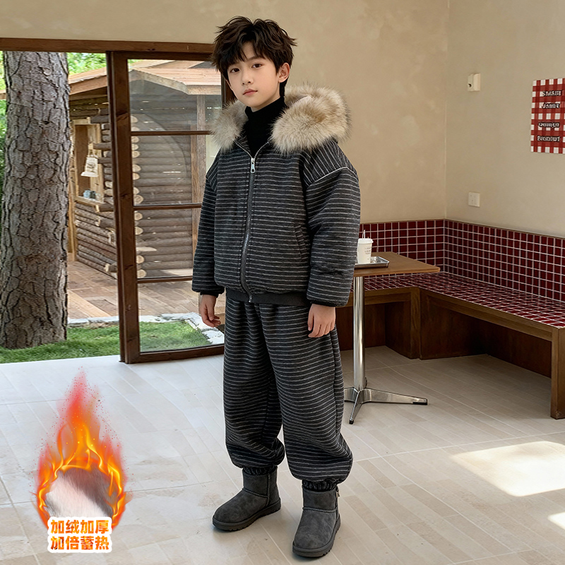 男童秋冬加绒外套套装2025新款