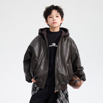 男童秋冬夹棉皮衣2025新款