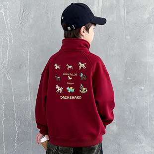 儿童装男童卫衣加绒冬季2026新款红色本命年马年大童男孩拜年衣服