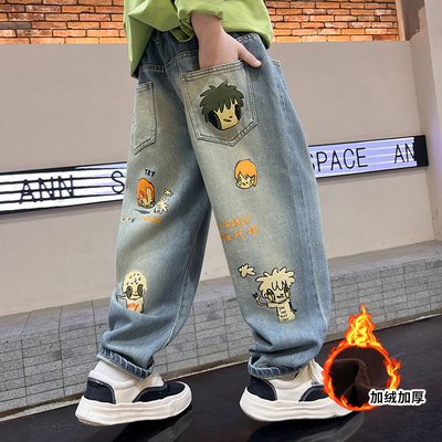 男童秋冬加绒牛仔裤2025新款