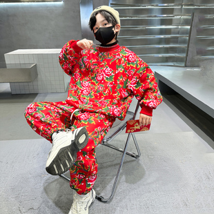 儿童装男童套装加绒冬季2026新款男孩马年红色大童本命年拜年衣服