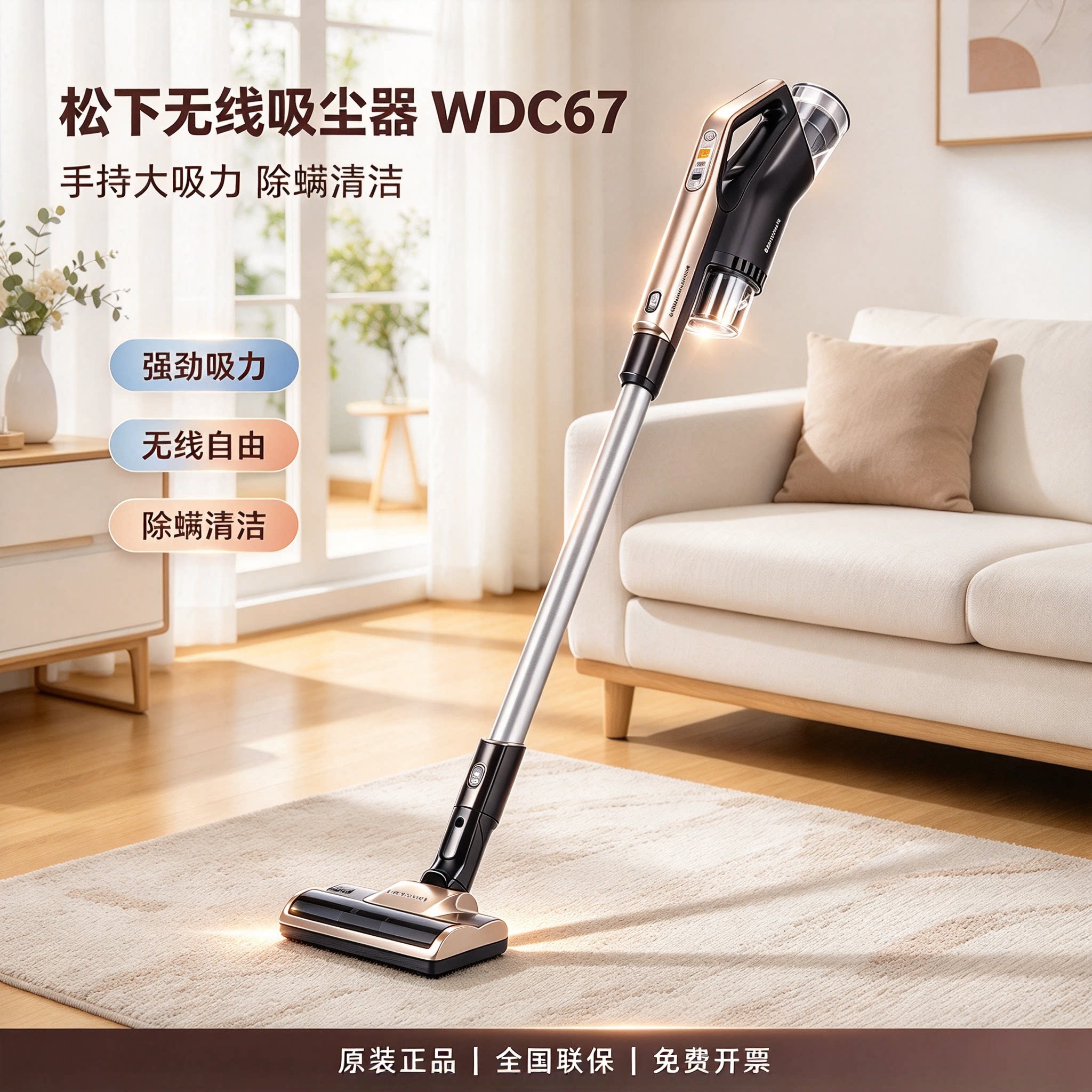 松下无线吸尘器wdc67家用手持大吸力小型充电强力无绳吸尘除螨机