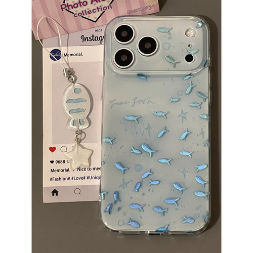 ins风韩系镭射蓝色小鱼群适用iPhone17promax手机壳苹果16Pro新款15全包16pm防摔17女款17Pro独特超好看15pm