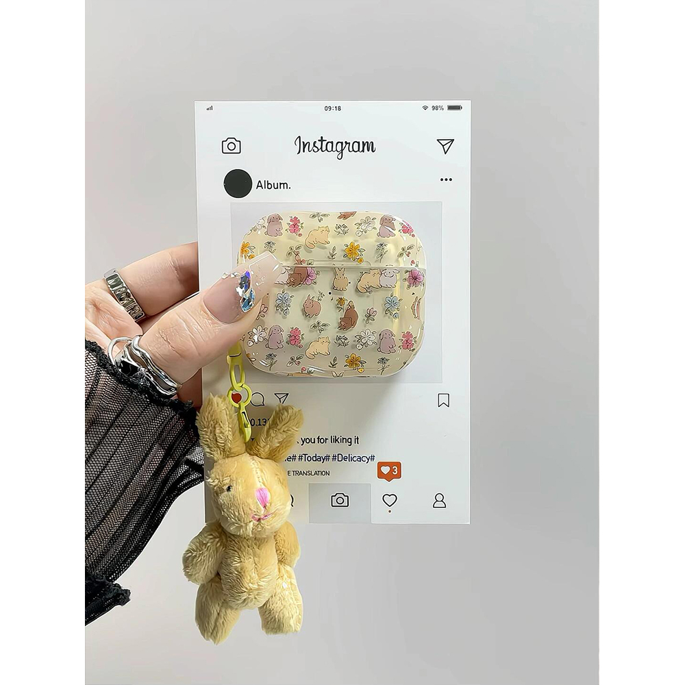 小清新可爱油画花丛兔子适用苹果无线蓝牙AirPodsPro耳机壳AirPods4代软AirPods1/2硅胶AirPods3保护套Pro2女