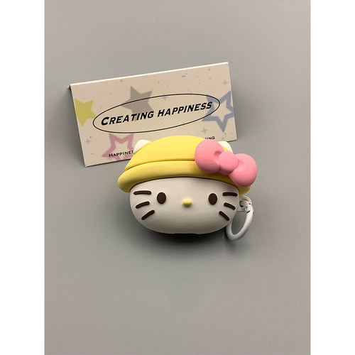 小黄帽蝴蝶结KT猫软萌适用苹果无线蓝牙AirPodsPro耳机壳4代软AirPods1/2硅胶AirPods3代保护套Pro2壳少女心