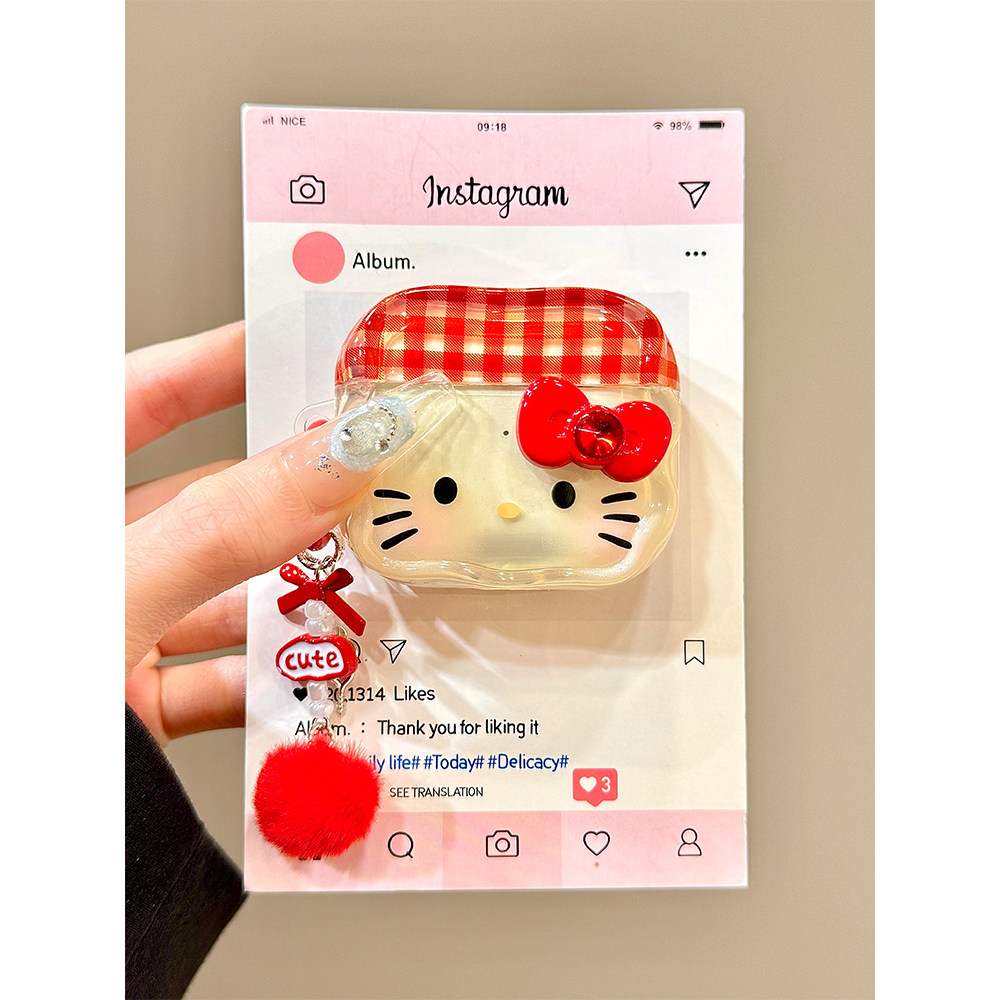 韩系红格纹蝴蝶结Kitty猫适用苹果Pro3蓝牙AirPodsPro耳机壳4代软AirPods1/2硅胶3代保护套Pro2代防摔壳女款