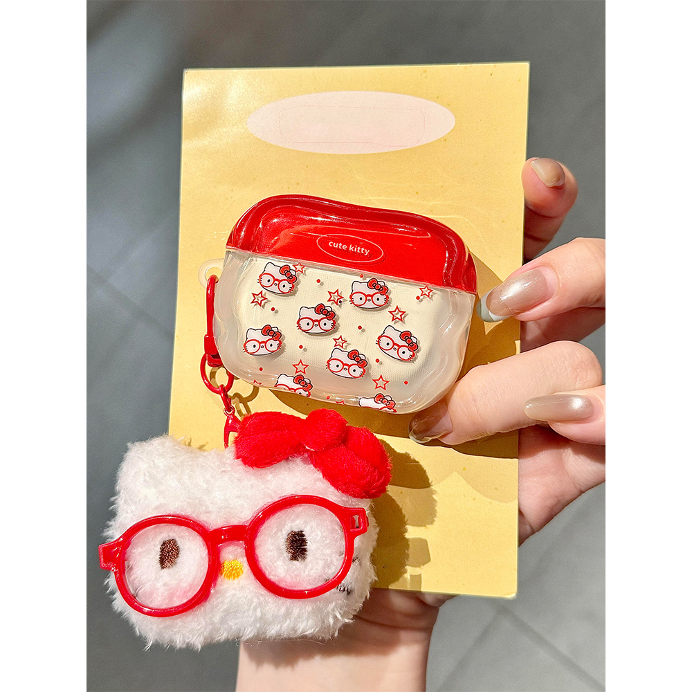 趣味可爱眼镜Kitty猫公仔适用苹果无线蓝牙AirPodsPro耳机壳AirPods4代软1/2代硅胶3代防摔套Pro2代新款女款