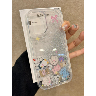 jellyc企鹅巴塞罗那熊闪粉流沙适用iphone15promax手机壳苹果16透明14pro亚克力13promax硬12全包11防摔15女