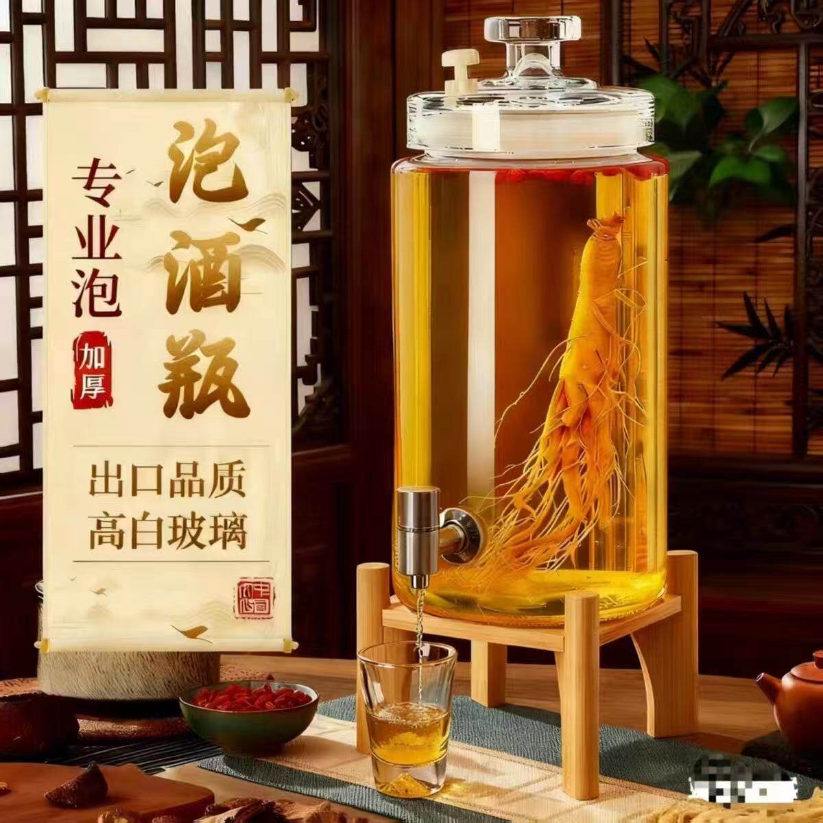 泡酒玻璃瓶带龙头底座加厚高档无铅密封专用人参药酒空瓶自酿容器