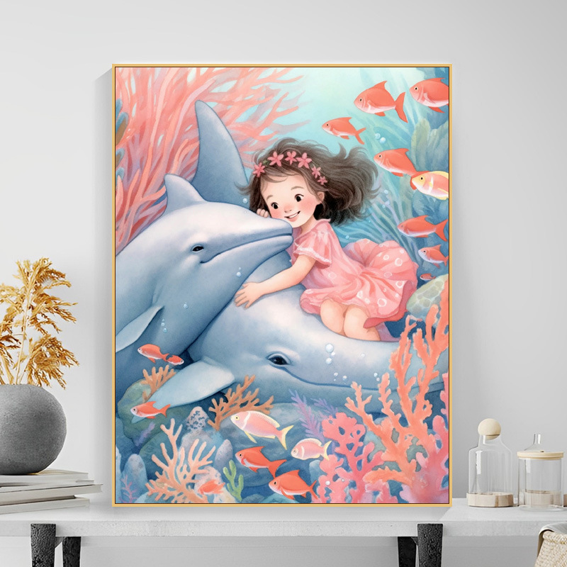diy数字油画海豚女孩填色画卧室装饰画儿童房高级感简约画手绘画图片