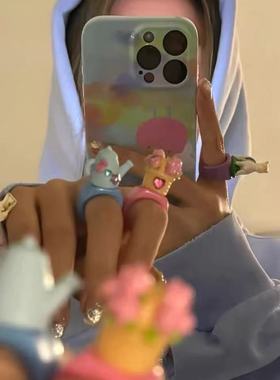 手作芭比庄园小马花朵钻石色彩造型多巴胺软妹风糖果色开口戒指