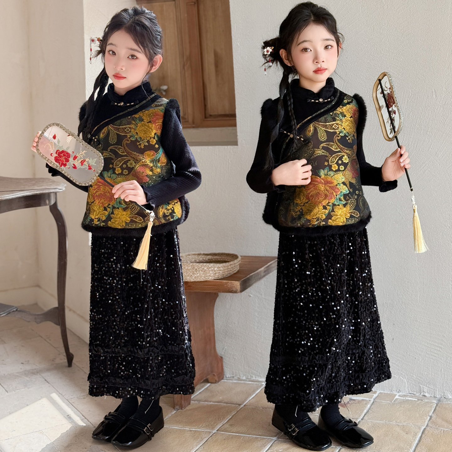 女童旗袍裙秋冬季套装新中式