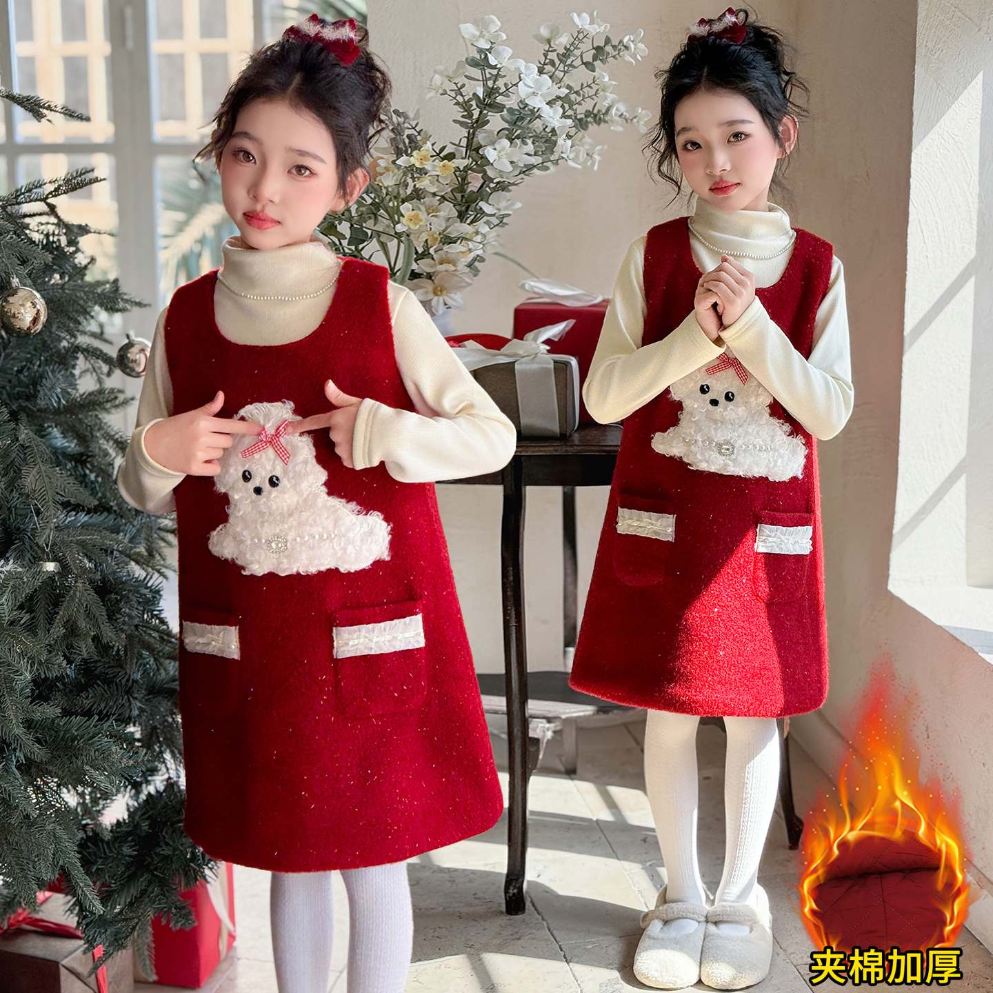 女童新年连衣裙加厚红色拜年服