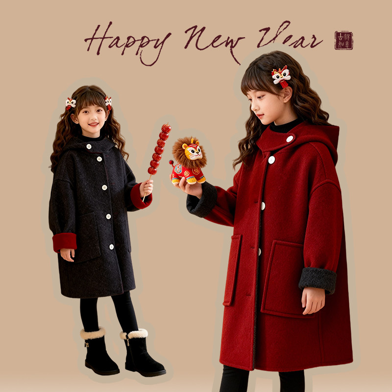 女童红色呢子外套秋冬款加厚2026新款中大童女孩新年衣服洋气大衣