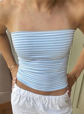 Strapless striped short slim fit top女士抹胸条纹短款修身上衣
