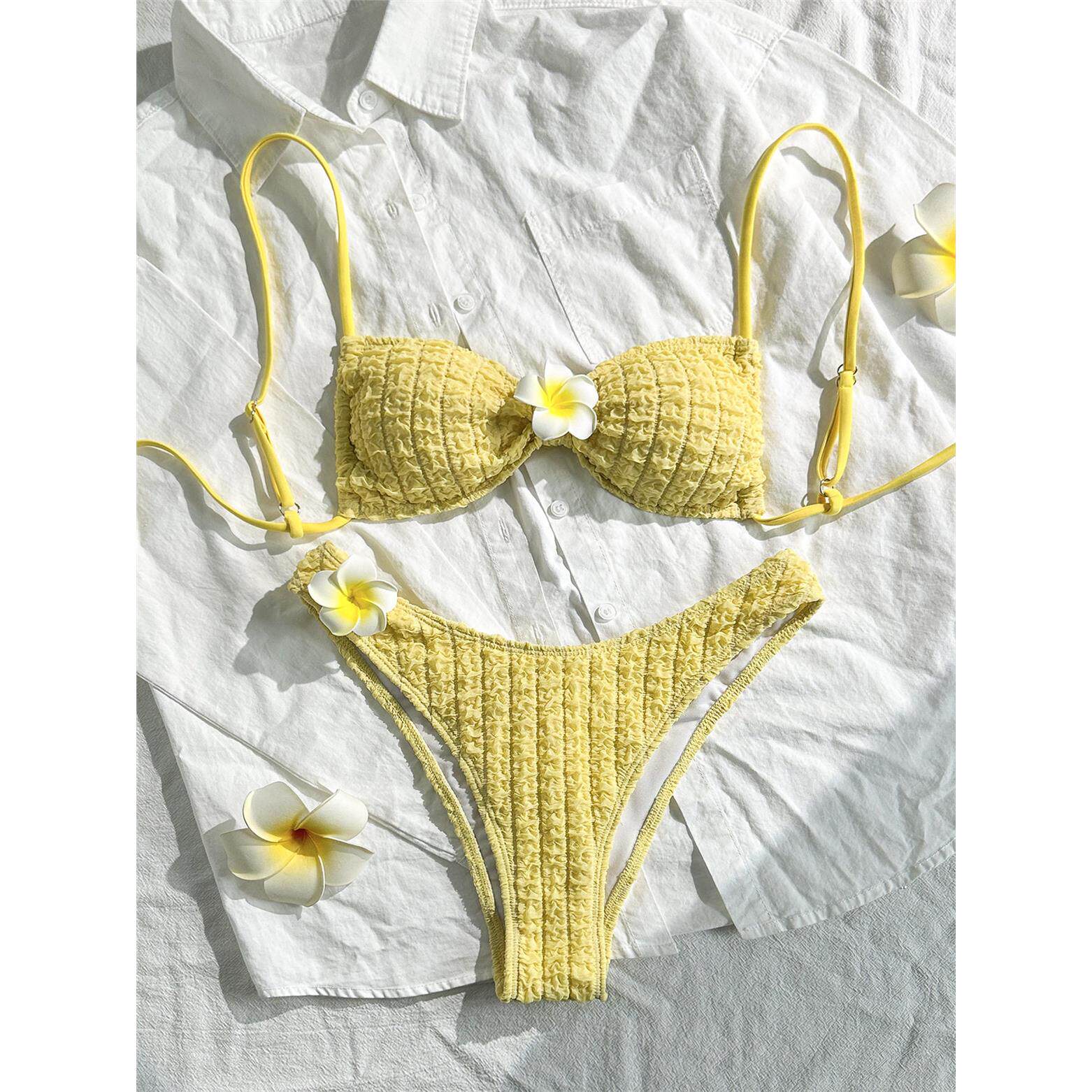 立体花朵纯色比基尼欧美