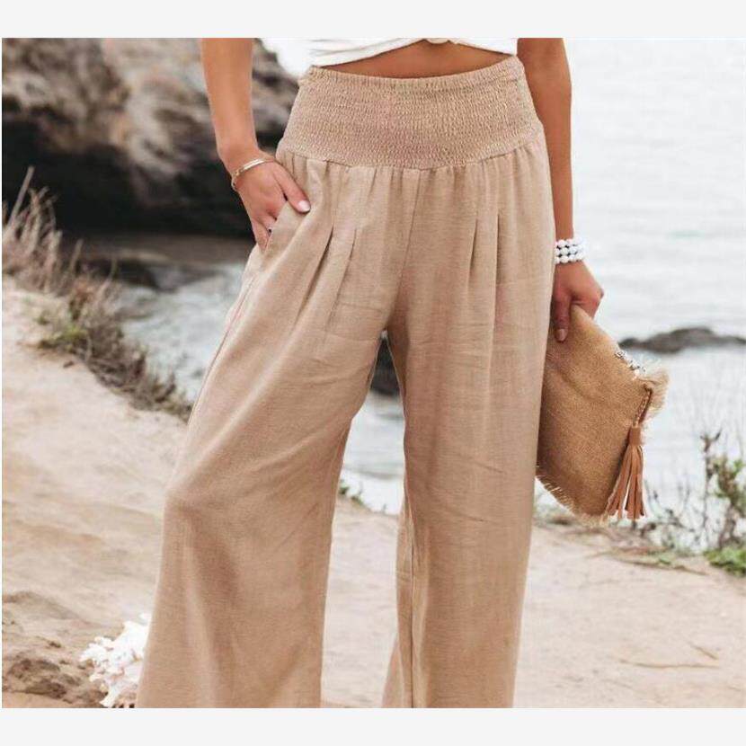 2024欧美女式高腰休闲沙滩棉麻阔腿裤Women's high waisted pants