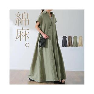 日系乐天韩国外单裙子套头短袖棉麻连衣裙女宽松翻领时尚休闲衬衫