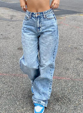 欧美休闲宽松阔腿直筒牛仔裤女 Casual Jeans Denim Pants Women