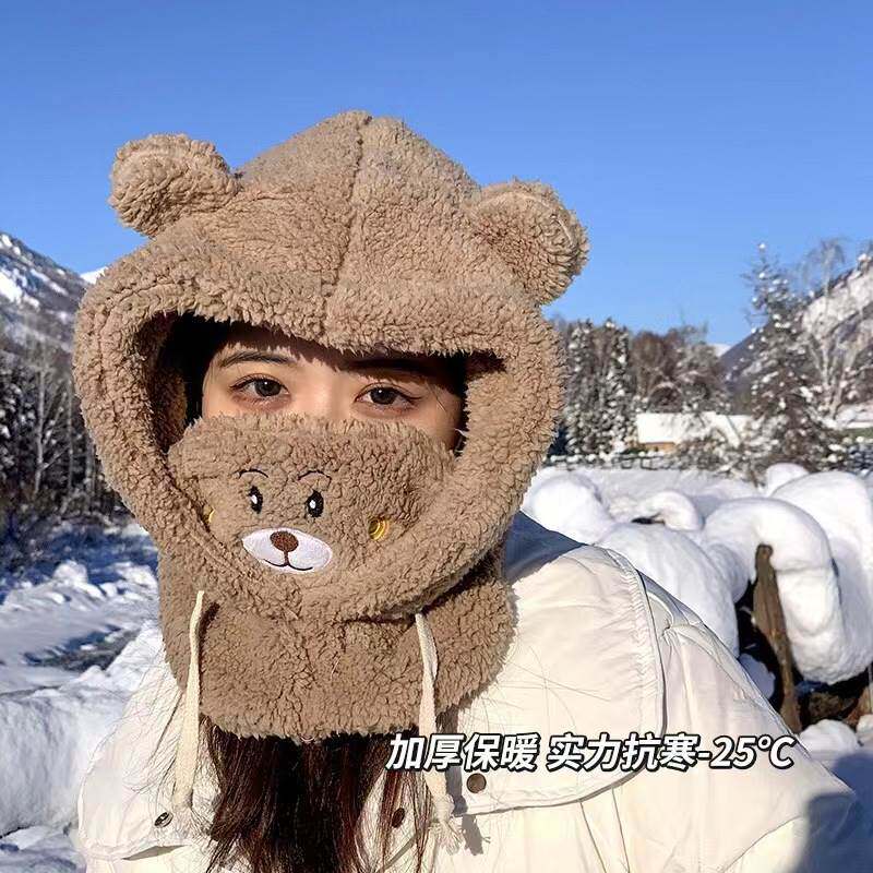 新款口罩帽子女冬季围脖一体可爱小熊护耳保暖滑雪帽Women's