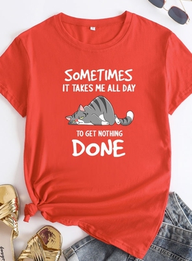 Women Cotton tshirt 女装猫字母英文印花纯棉圆领短袖T恤女源头