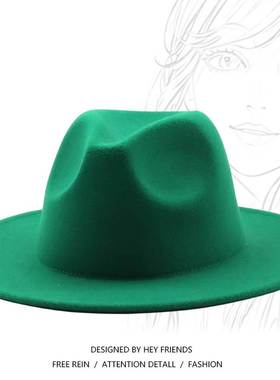 欧美春春秋黑色爵士帽子女英伦复古平沿毛呢毡帽百搭2023新款礼帽