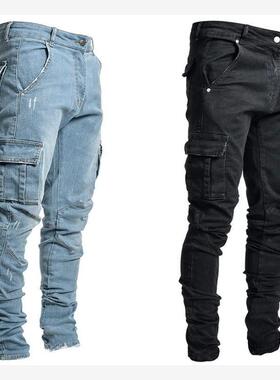 2023工装牛仔裤男口袋小脚裤jeans men cargo pants man trousers