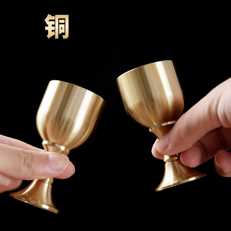 铜酒杯黄铜仿古高脚杯小酒杯供奉财神爷关公杯子供佛水杯摆件