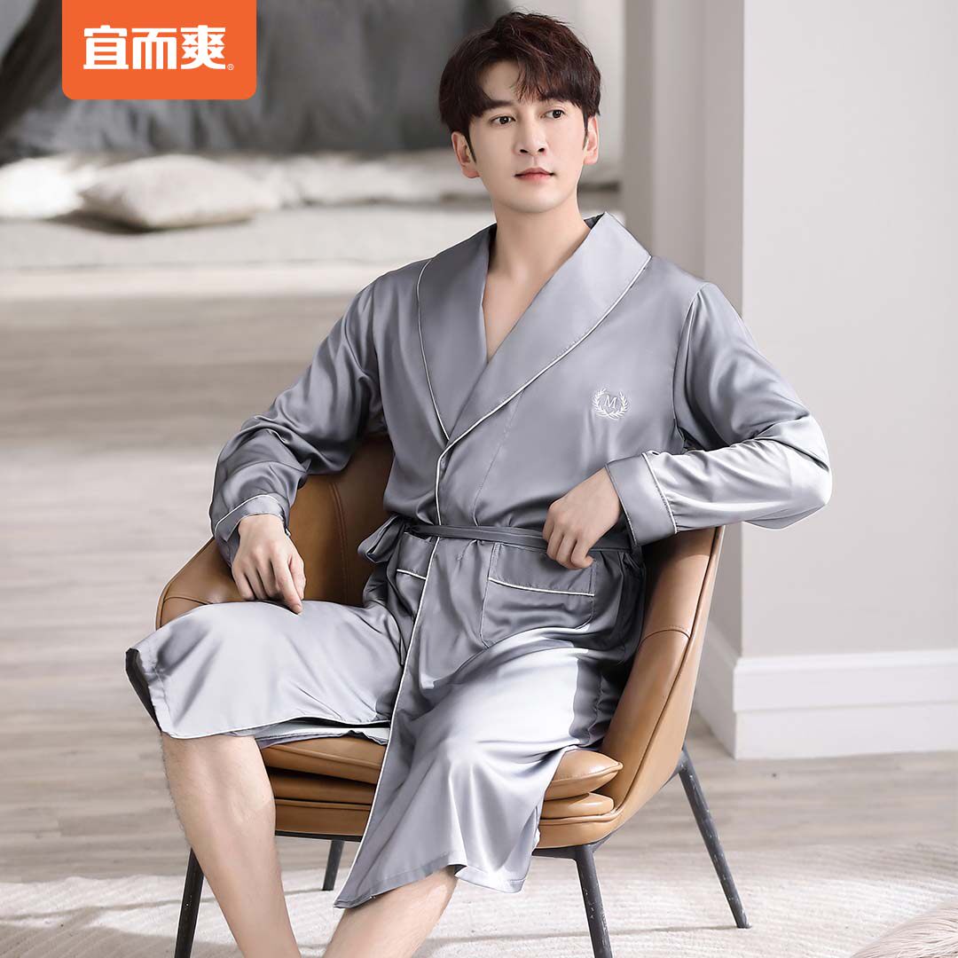 宜而爽睡袍男春秋季新品冰丝长款薄款大码睡衣浴袍长袖男士家居服