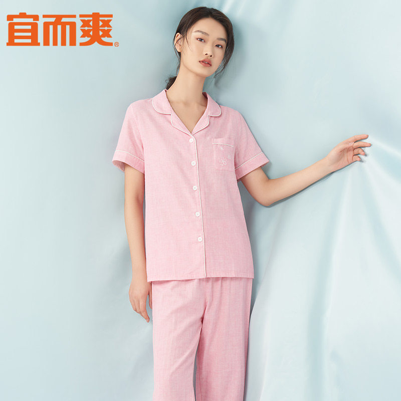 宜而爽睡衣女纯棉双层纱中老年开襟翻领短袖七分裤女士家居服套装