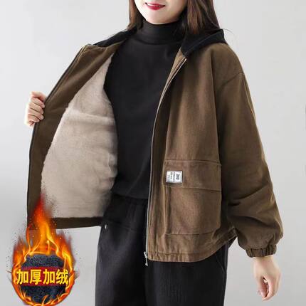 加绒加厚连帽外套女短款2025年秋冬季新款妈妈装洋气休闲夹克上衣