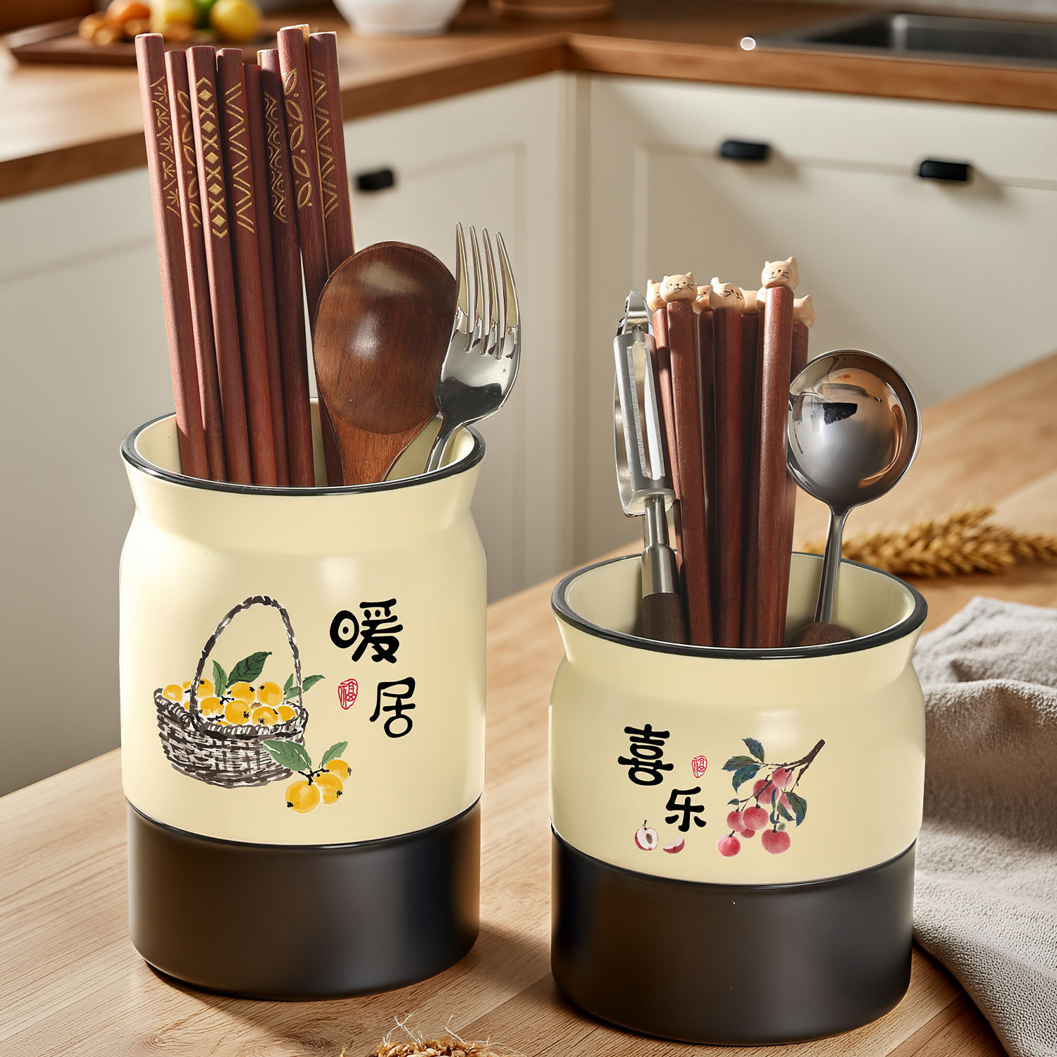 新中式暖居陶瓷筷子笼高档加厚家用厨房可拆卸沥水叉勺收纳筷子筒