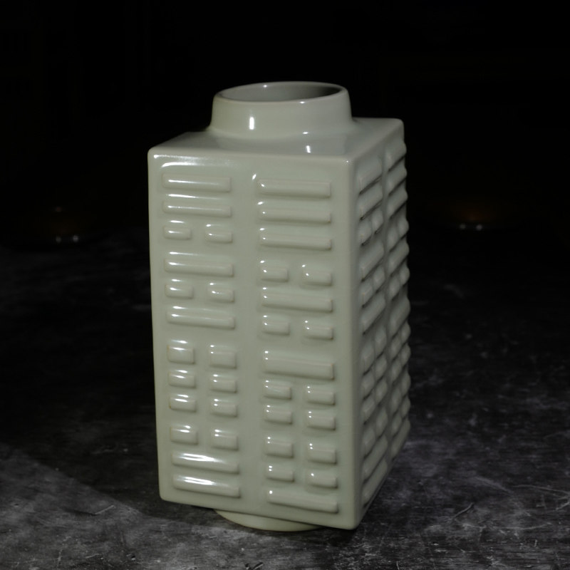 龙圣华苑 景德镇奉华汝瓷琮式瓶/仿汝釉天青开片茶道摆件/汝窑瓶