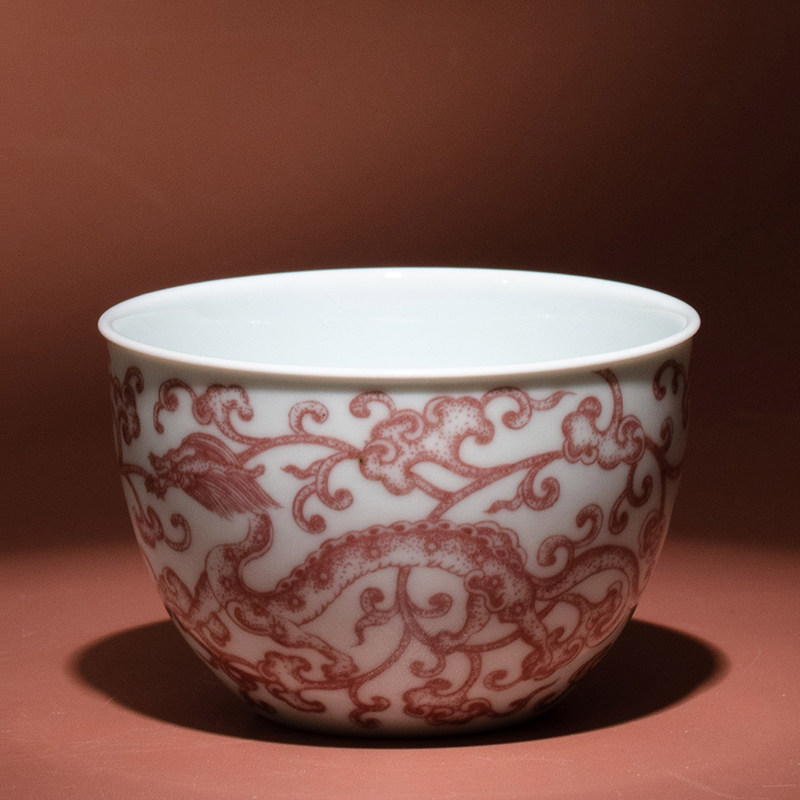 龙圣华苑景德镇谷雨山房手绘釉里红灵芝双螭纹云坞杯手工原矿茶杯