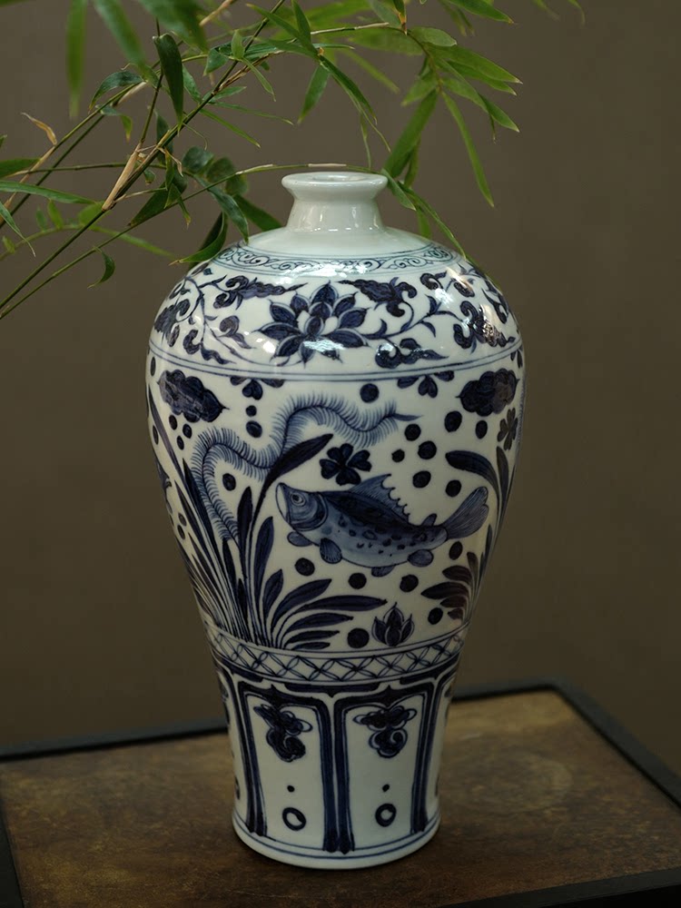 龙圣华苑景德镇周棋稳溪兰仰元手绘仿元青花鱼藻纹梅瓶复古瓷花瓶