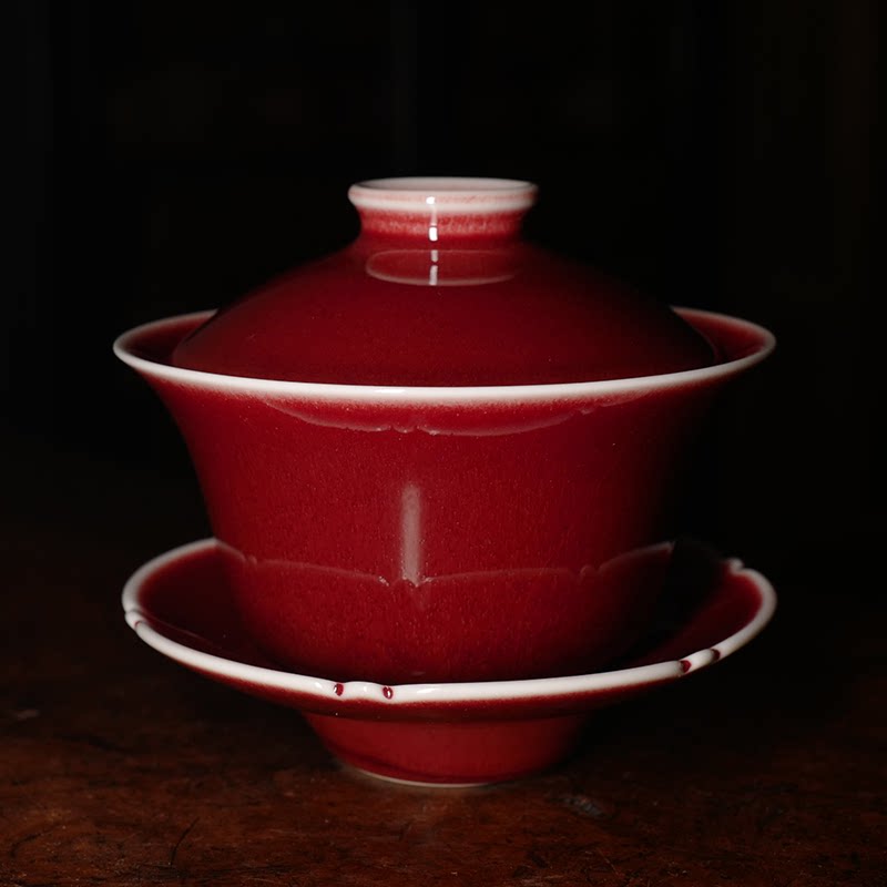 龙圣华苑台湾晓芳窑郎红盖碗台湾蔡晓芳郎红釉大三才盖碗功夫茶道