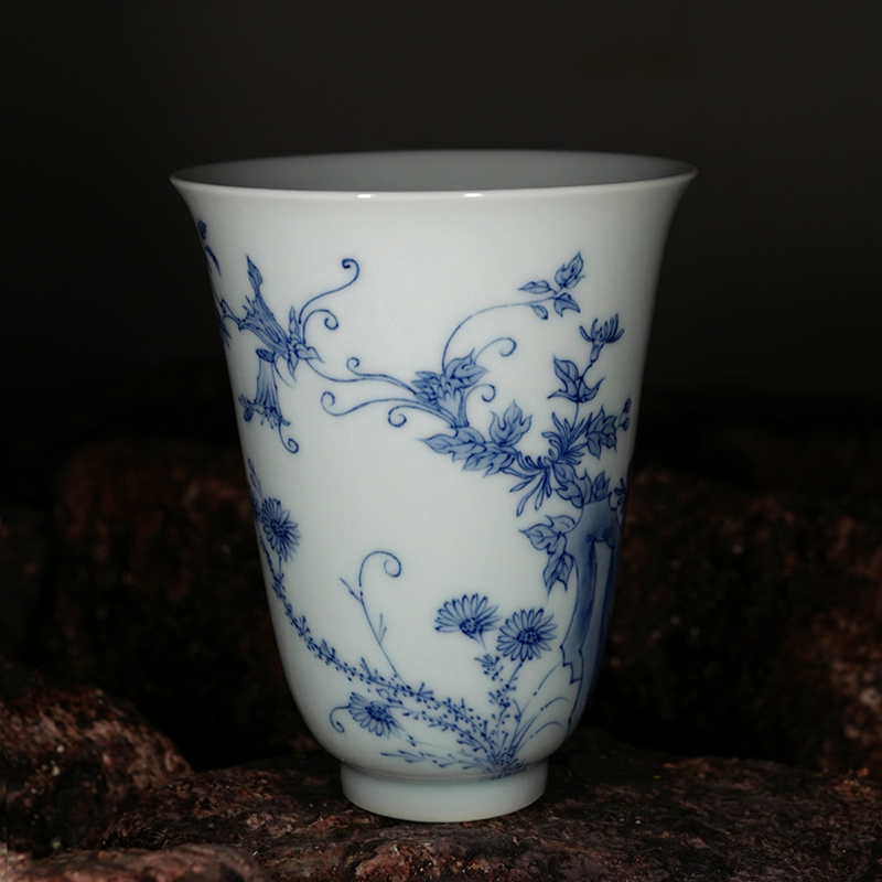 龙圣华苑景德镇谷雨山房淡描青花竹石花卉纹高钟杯手绘品茶闻香杯