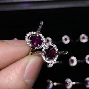 天然石榴石紫牙乌戒指S925纯银戒圈圈口可调