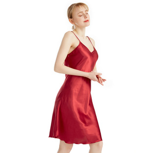 色丁丝绸细肩带V领吊带睡裙性感修身 纯色及膝居家睡衣仿真丝睡裙