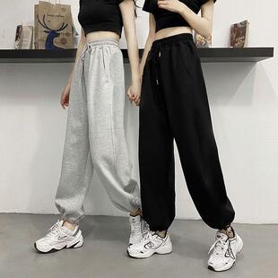 2022春秋新款灰色抽绳束脚裤子女高腰韩版宽松学生百搭九分直筒裤